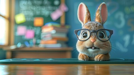 A cute kawaii 3D mascot character design rabbit bunny teacher wearing nerd geek glasses sitting on a desk in a classroom in front of a blackboard - obrazy, fototapety, plakaty
