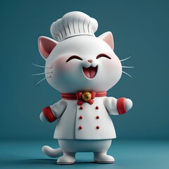 A cute kawaii 3D mascot character design cat kitten chef in a white uniform with a red sash and a white hat. The background is a solid blue.