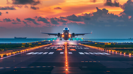Big airplane landing or takeoff in exotic travel destination.