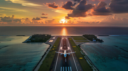 Big airplane landing or takeoff in exotic travel destination. - obrazy, fototapety, plakaty