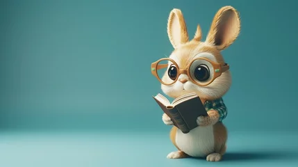 Fotobehang A cute kawaii 3D mascot character design cartoon rabbit bunny teacher professor wearing nerd geek glasses is reading a book. © Katawut
