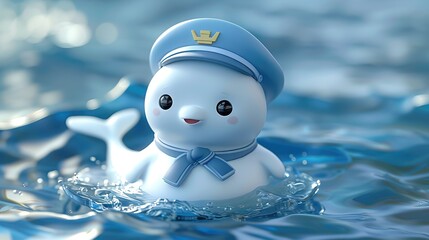 A cute kawaii 3D mascot character design cartoon beluga whale dolphin sailor wearing a blue hat and scarf floats in the water.