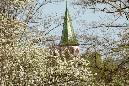 Picturesque church tower in south germany between apple blossom trees at spring.