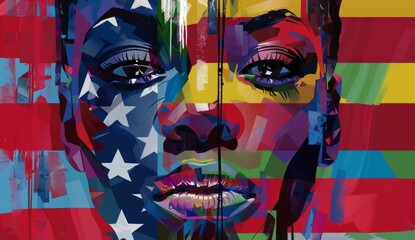 geometric design of an African American woman's face with the American flag integrated, vibrant color palette Generative AI