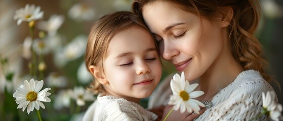 A Tender Embrace: Mother's Love Enshrined in Blooms. Concept Motherhood, Flower Arrangement, Emotional Bond, Maternal Love, Heartwarming Moments - obrazy, fototapety, plakaty