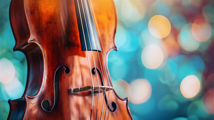 Close up of the strings of a wooden classical cello with beautiful blurs and boke in the background.