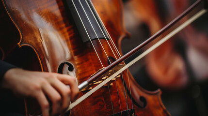 A close-up of a musician's hand pulling the bow along the cello strings.