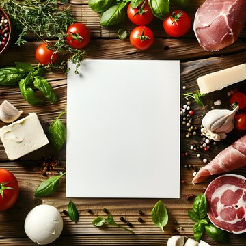  menu design a blank recipe card sitting on a wooden kitchen table surrounded by vegetables, butter, herbs, ham, basil, mozzarella, aerial view, hyper-realistic, photography