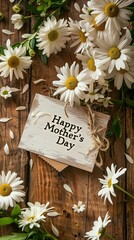 Greeting card on Mother's Day, with the words "Happy Mother's Day" handwritten. On a wooden table with daisies.