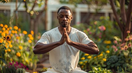 African american male doing yoga in his backyard. - Powered by Adobe