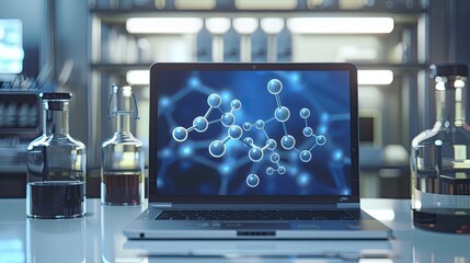 Digital visualization of a breakthrough medications molecular structure on a laptop in a lab. - obrazy, fototapety, plakaty