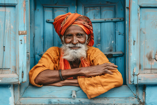 Indian old man with a long beard front of blue door
