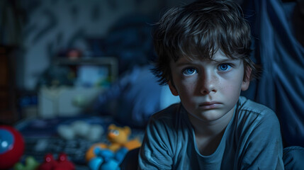 A sad autistic child is sitting in a dark room surrounded by unused toys, reflecting the feeling of loneliness and isolation.