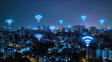 Wireless network concept and connection technology with night city background.