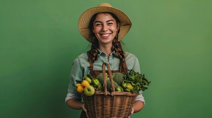 Young beautiful woman gardener in apron and hat holding a wicker basket full of vegetables looking at front smiling with a happy face standing over green wall - Powered by Adobe