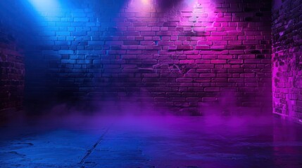 Fototapeta premium Brick wall, neon light effect and smoke.