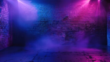 Obraz premium Brick wall, neon light effect and smoke.