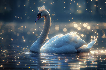 A graceful swan adorned with a sparkling tiara, gliding across a tranquil lake under the soft glow of the moonlight, radiating elegance and poise. Concept of beauty and grace. Generative Ai.