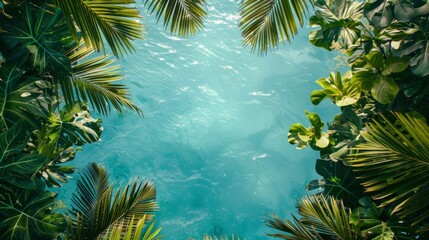 Fototapeta na wymiar Aerial view of dense tropical foliage framing a tranquil, clear blue pool. Perfect for enhancing themes of travel, nature, and relaxation.