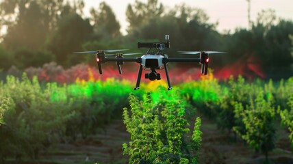drone using spectral imaging flying over a field, with a display showing the health of the plants in different colors based on their needs
