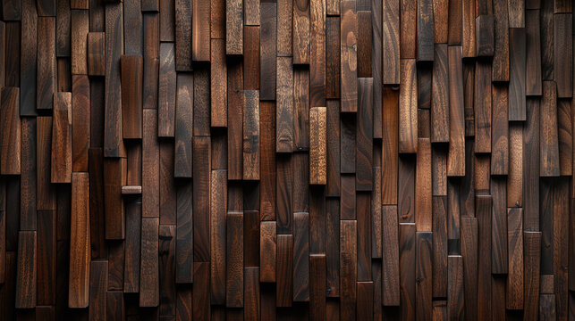 3D wooden wall cladding in staggered design. Close-up photography for interior design and architectural texture print. Modern woodwork and paneling concept.