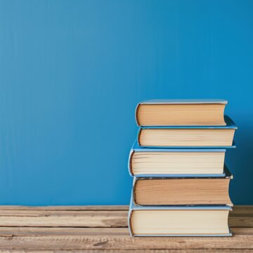 Books stack on wooden desk table isolated blue background. AI generated image