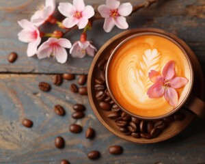 Obraz na płótnie Canvas Coffee cup with latte art on a wooden table with a sakura branch and coffee beans