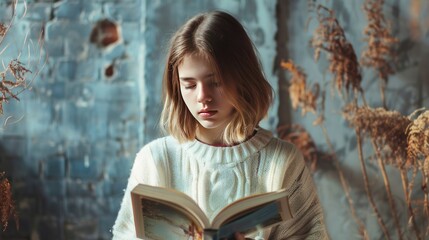 Portrait a smart young girl reading an opened book. AI generated image - obrazy, fototapety, plakaty
