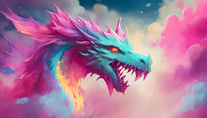 Multicolored dragon, pastel colors, pink smoke.