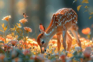 A gentle deer grazing in a sunlit meadow, surrounded by a carpet of colorful wildflowers and chirping songbirds, basking in the tranquility of nature's embrace.  Generative Ai. - obrazy, fototapety, plakaty