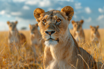 A regal lioness leading her pride through the vast plains of the savanna, instilling confidence and unity among her companions with her strength and determination.  Generative Ai.