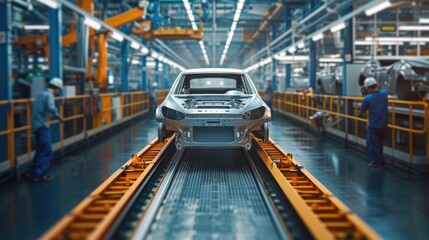 A car is constructed on an assembly line in a factory, moving on a conveyor belt. AIG41 - obrazy, fototapety, plakaty