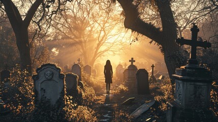 A woman stands in a cemetery with headstones and trees, with the sun setting in the background.