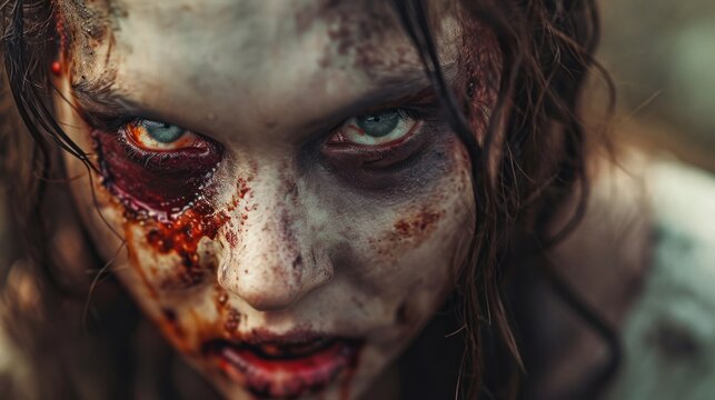 Close-up of a woman's face covered in blood and zombie makeup. She has blue eyes and wet hair.