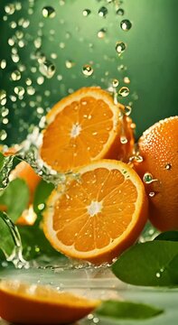 juicy oranges under a stream of fresh water with lots of waterdrops against a green blurred background, slow motion zoom, tasteful vertical food video