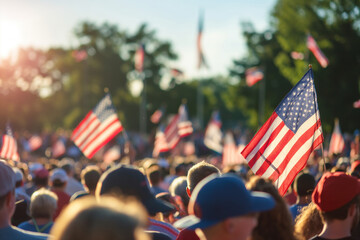 Crowd in park waves American flags in celebration of Flag Day USA event. Generative AI
