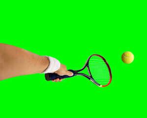 Close-up of hand with a tennis racket hitting a ball isolated on white background .isolated cutout on green background with chroma key