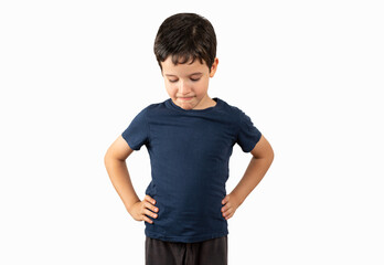 Child standing over white background failure and looking down in failure concept