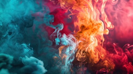 A colorful abstract composition of billowing smoke in red, blue and orange. The colors blend together to create a stunning visual effect. - obrazy, fototapety, plakaty