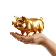 piggy bank in hand isolated on transparent background, a hand holding a golden savings pig