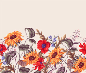 Border with sunflowers, poppies and other wild flowers. Vector.
