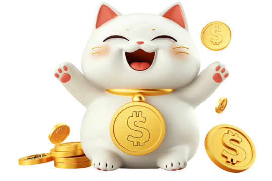 Maneki Neko Japanese Lucky Cat get a gold coin isolated on transparent background