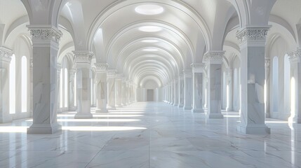 A long hallway with arched ceilings and white columns, AI