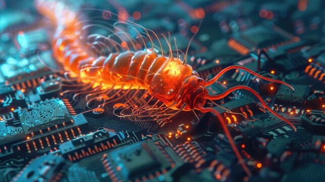 Big cyber worm eats computer microchip. Viruses on PC. AI generative.
