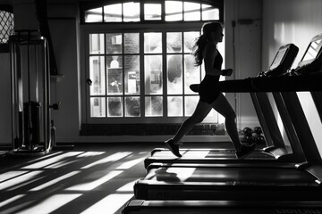 A woman with dark hair is running on a treadmill in a bustling gym environment.