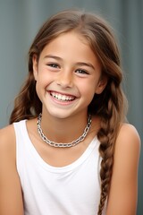 Pretty Young Girl Smiling to Camera Showing White Teeth Close-up Portrait on a Plane Background
