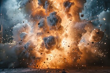 A large explosion radiates intense heat and light, sending plumes of thick smoke billowing into the air, creating a scene of destruction.
