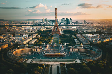 Majestic Eiffel Tower standing tall over Paris with panoramic city views in the golden hour light - obrazy, fototapety, plakaty