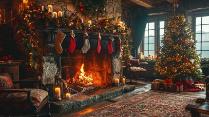A cozy room with a fireplace decorated for Christmas, complete with stockings, a tree, and presents.