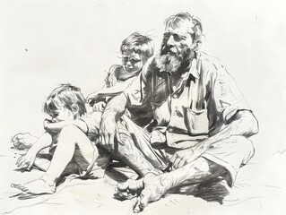 Fototapeta na wymiar A drowned linear sketch father and children, fathers day concept